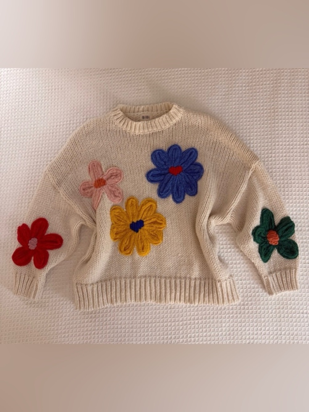 BiBi Cream Crewneck Boho Sweater with Multicolor Floral Appliqués Medium